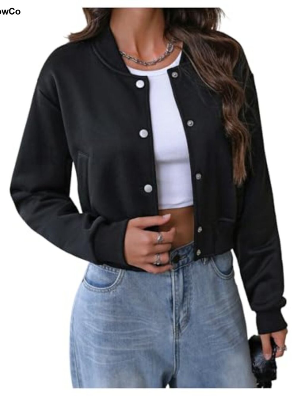 Cropped Bomber Y2K Button Down Long Sleeve Varsity Jacket Polyester